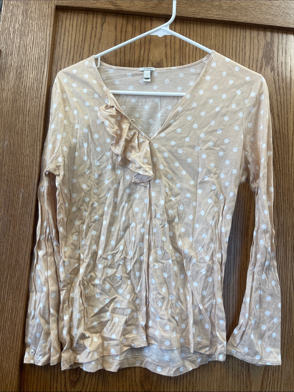 J. Crew Beige Polka Dot Ruffle V-Neck Long Sleeve Top